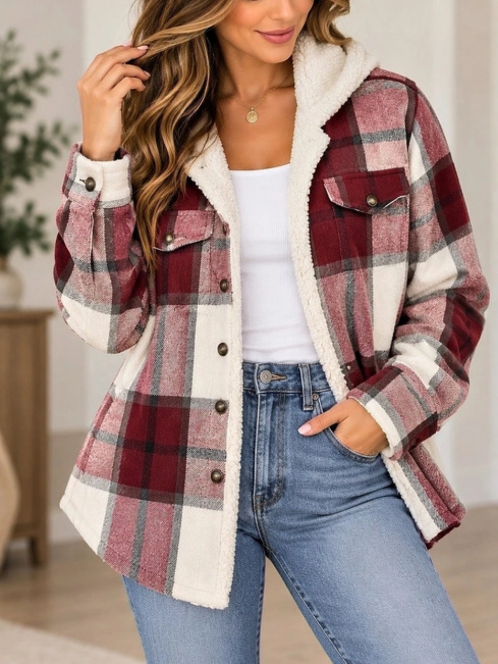 Plaid Sherpa-Lined Jacket in Red & White Like New